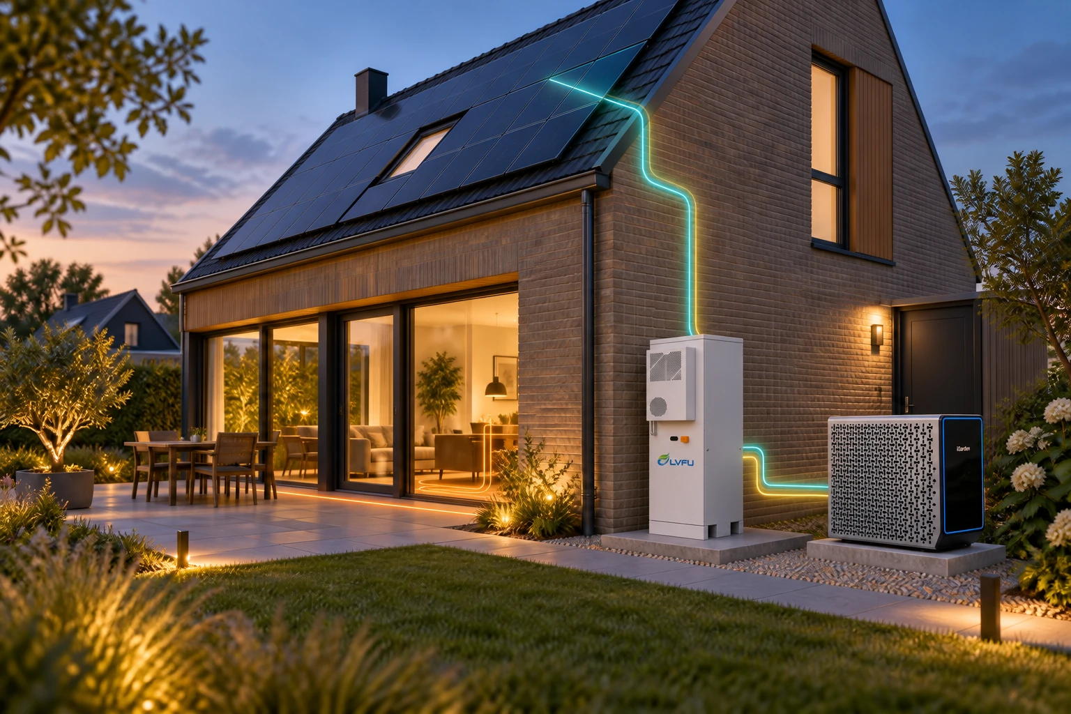 Sfeerillustratie van een woning met zonnepanelen, LVFU-buitenopslag en Fairland-warmtepomp, verbonden door lichtlijnen