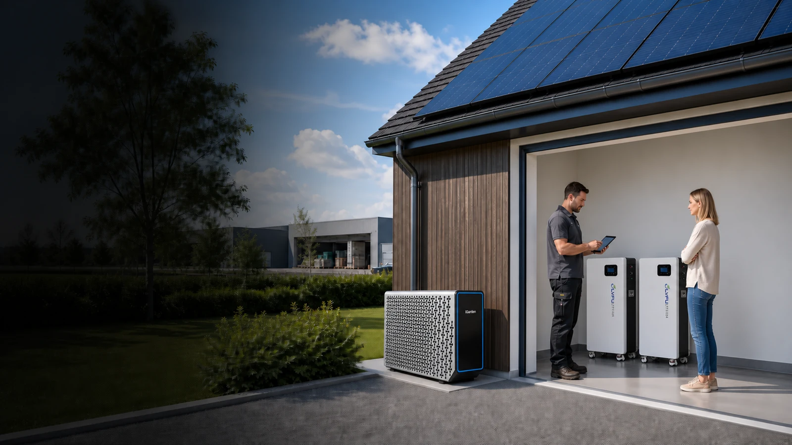 Sfeerillustratie van een woning met zonnepanelen, batterijopslag en warmtepomp